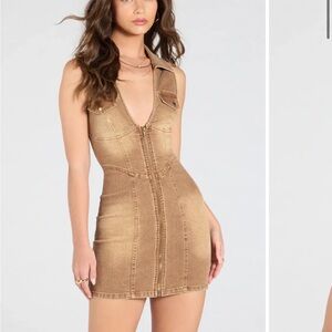 Windsor Tan/Camel Sleeveless Zip-Front Mini Dress